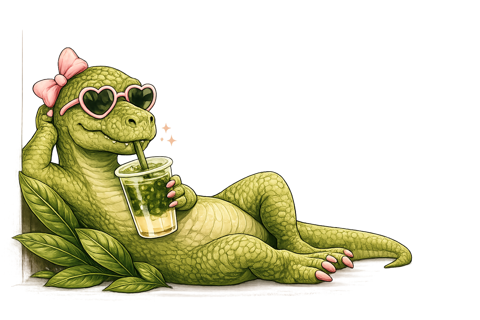 Matcha Gurl mascot - cute dinosaur lounging with matcha drink
